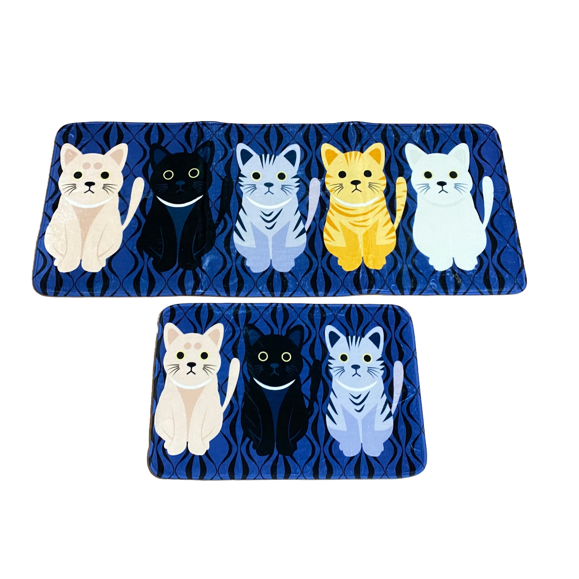 Imagine pentru Set 2 Covorase de Casa Antiderapante, Substrat Absorbant, Dreptunghiulare, 120x50 cm si 60x40 cm, model pisicute, albastru